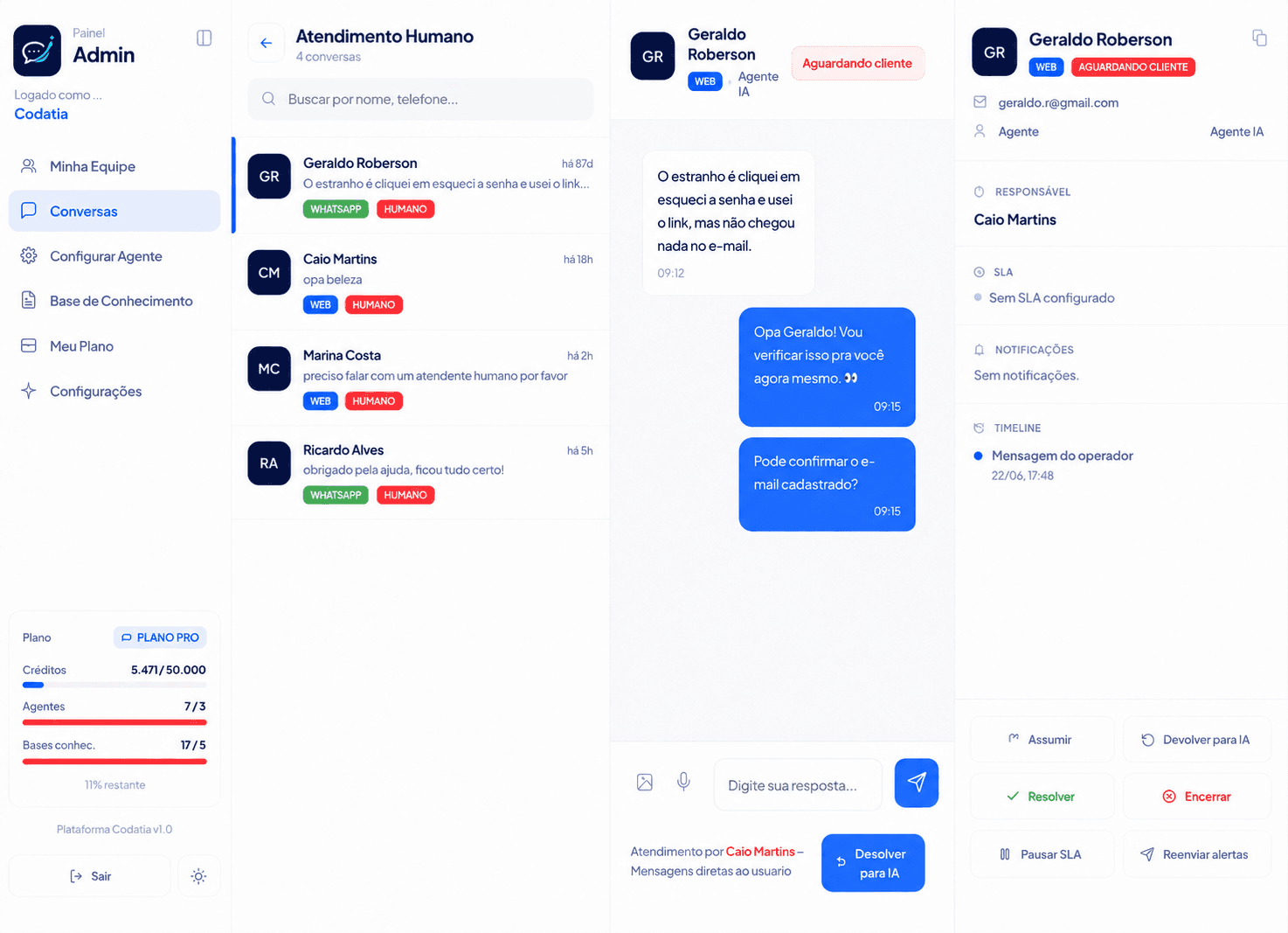 Tela da plataforma Codativa para gestão de conversas e atendimento humano